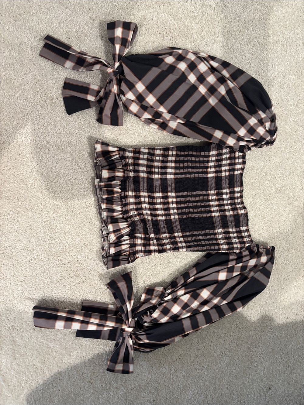 Caroline Constas Black Plaid Shirred Top with Puff Tie Sleeves